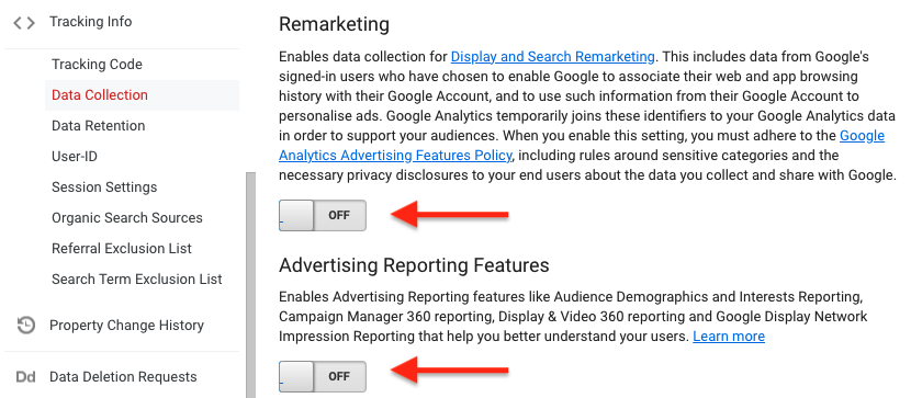 Universal Analytics - Disable Data Sharing for Advertising purposes