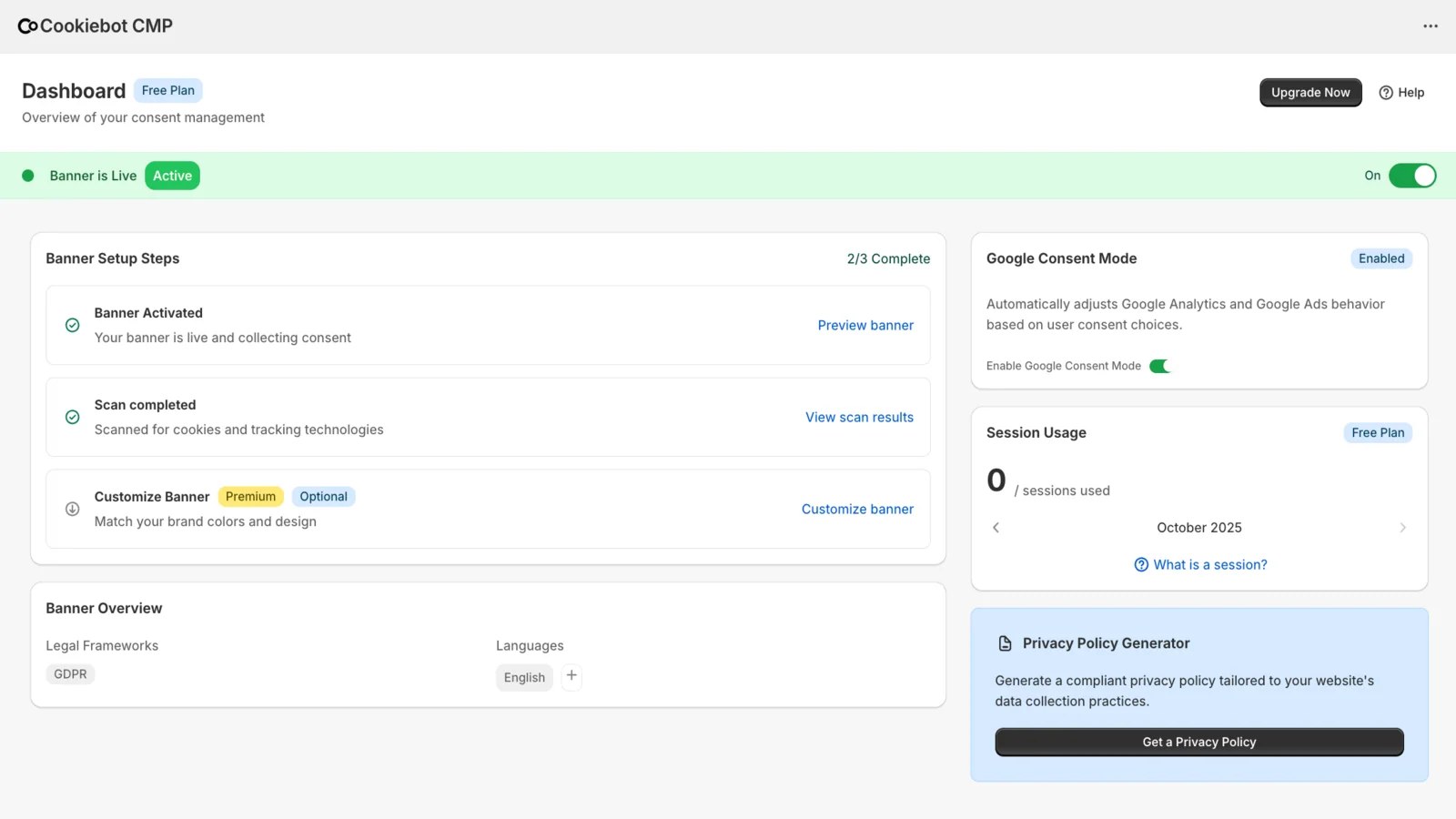 The Cookiebot CMP dashboard on Shopify
