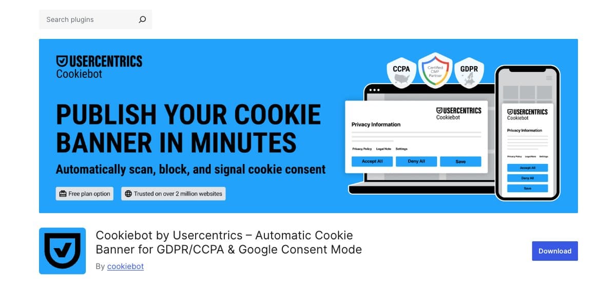 The Cookiebot plugin on WordPress.org